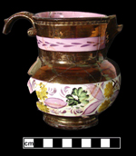 Overall copper luster on jug with painted decoration on bands of pink and white.